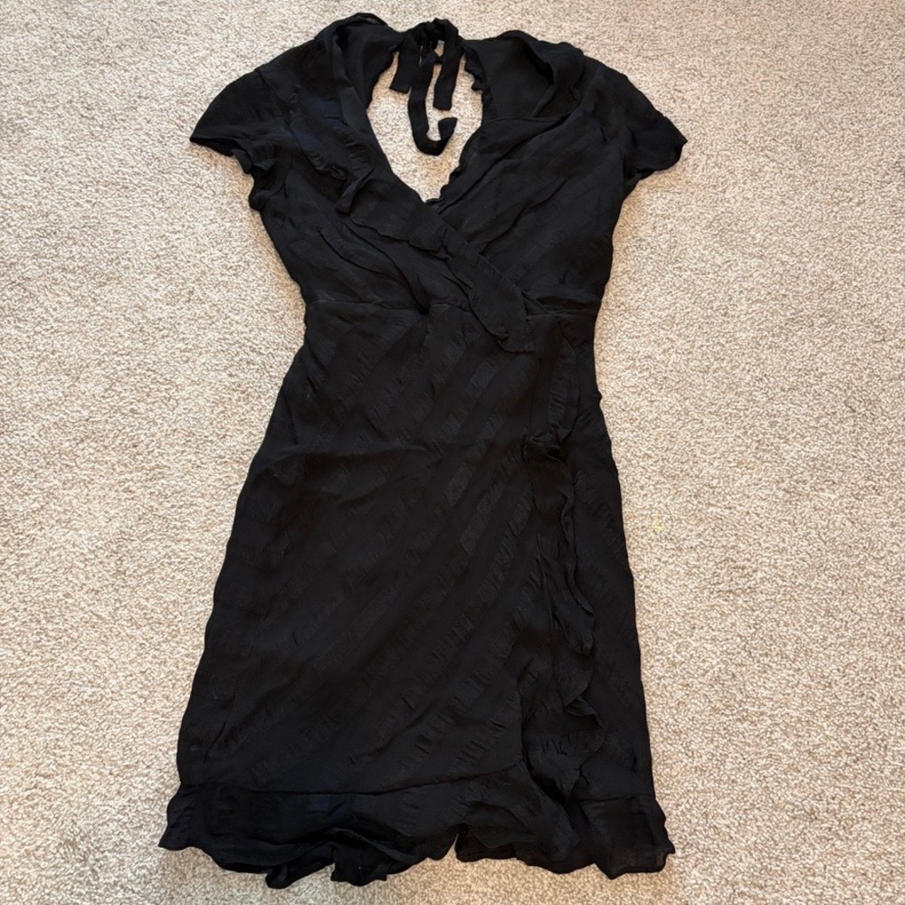 Bardot Wrap Mini Dress Womens 4 Black Ruffle Whimsigoth Witchy Fairy Grunge